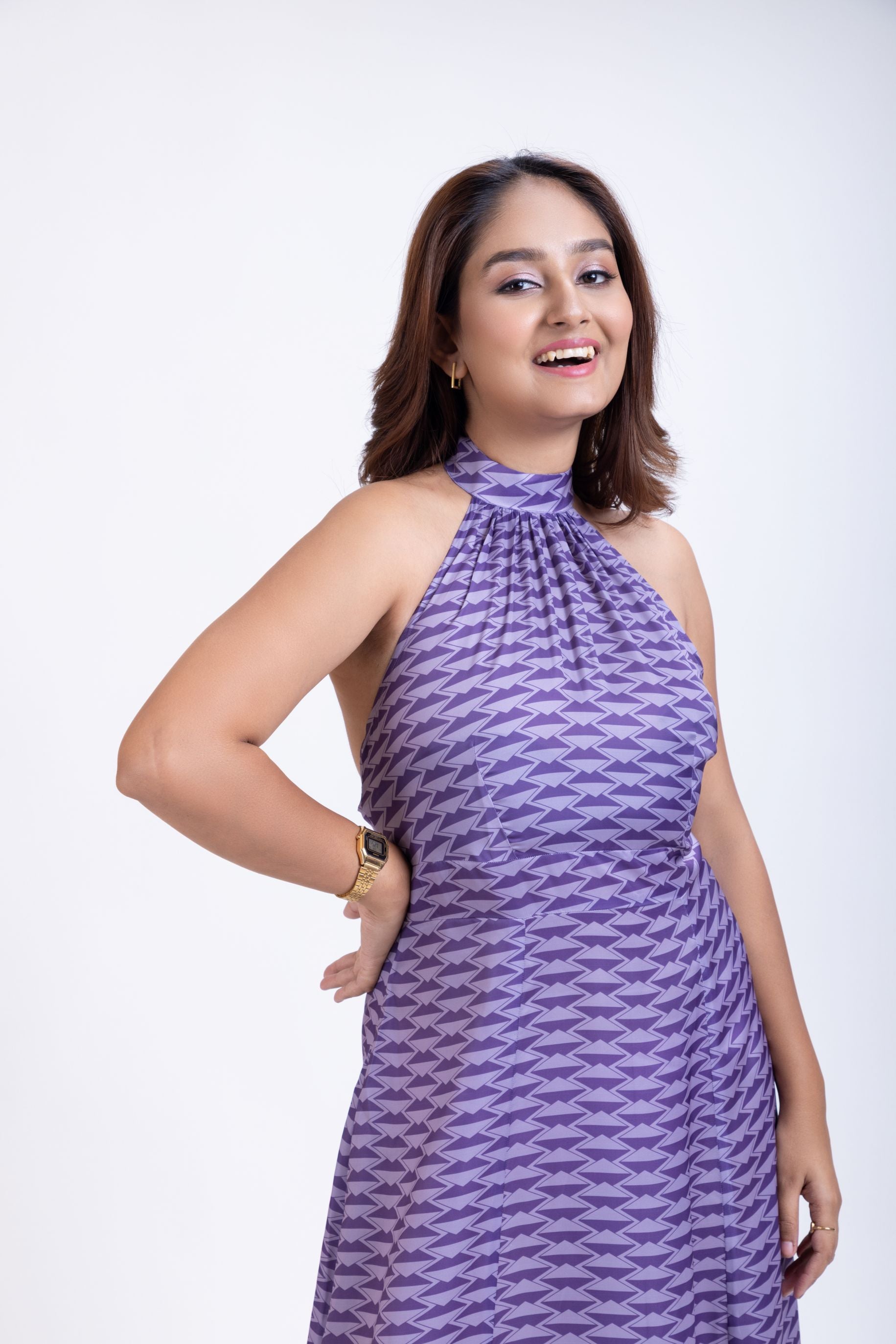 Long Purple Satin Halter Neck Dress Close Up
