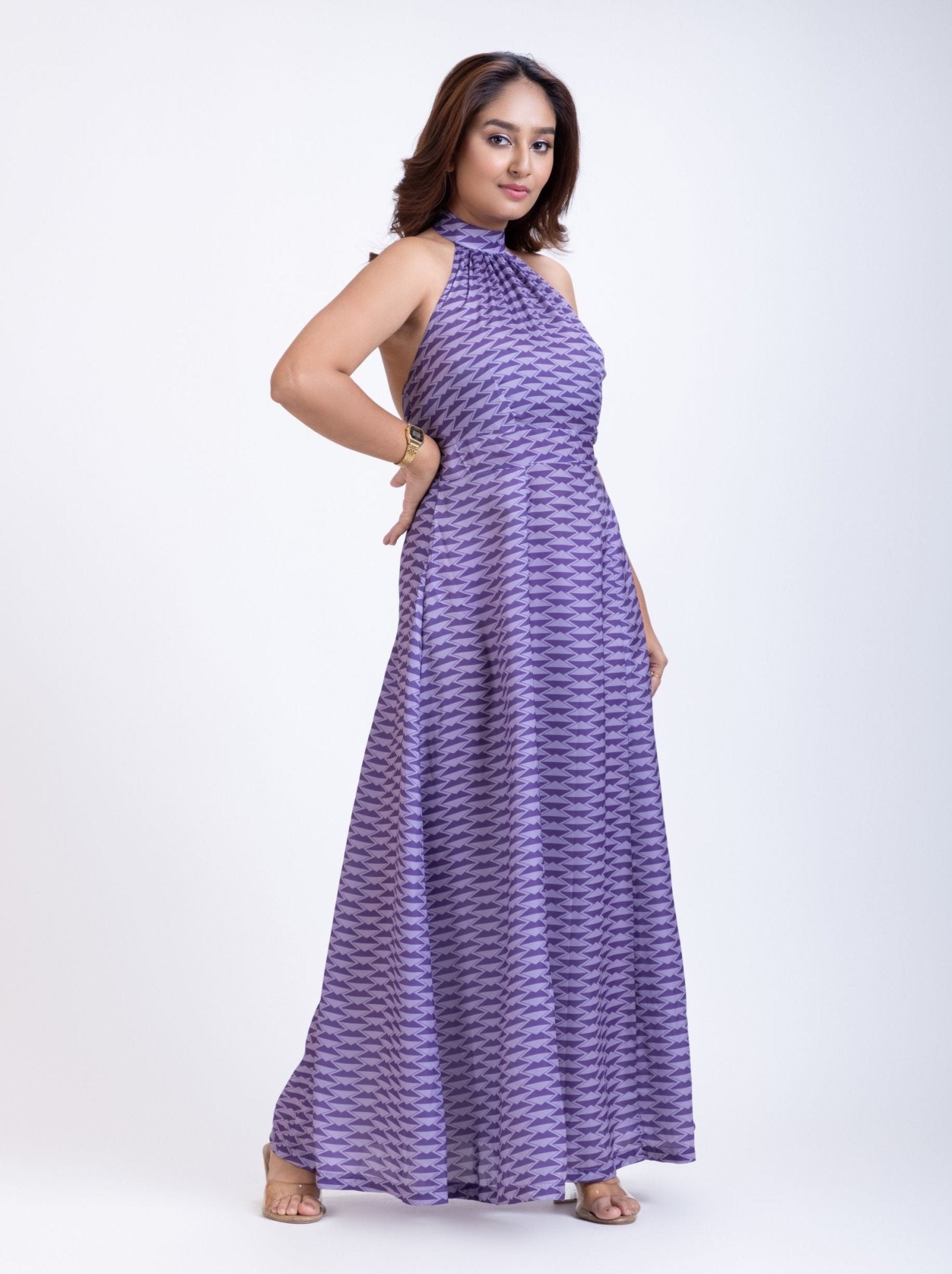 Long Purple Satin Halter Neck Dress - Anvi Couture