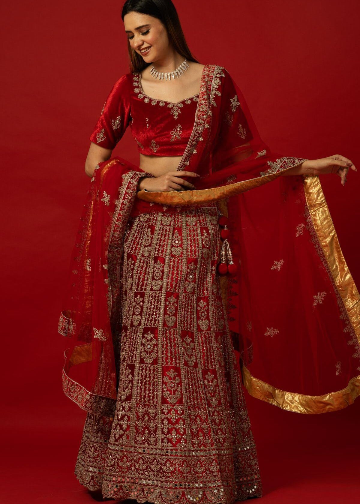 Royal Red Velvet Lehenga with Traditional Zardozi Hand Embroidery