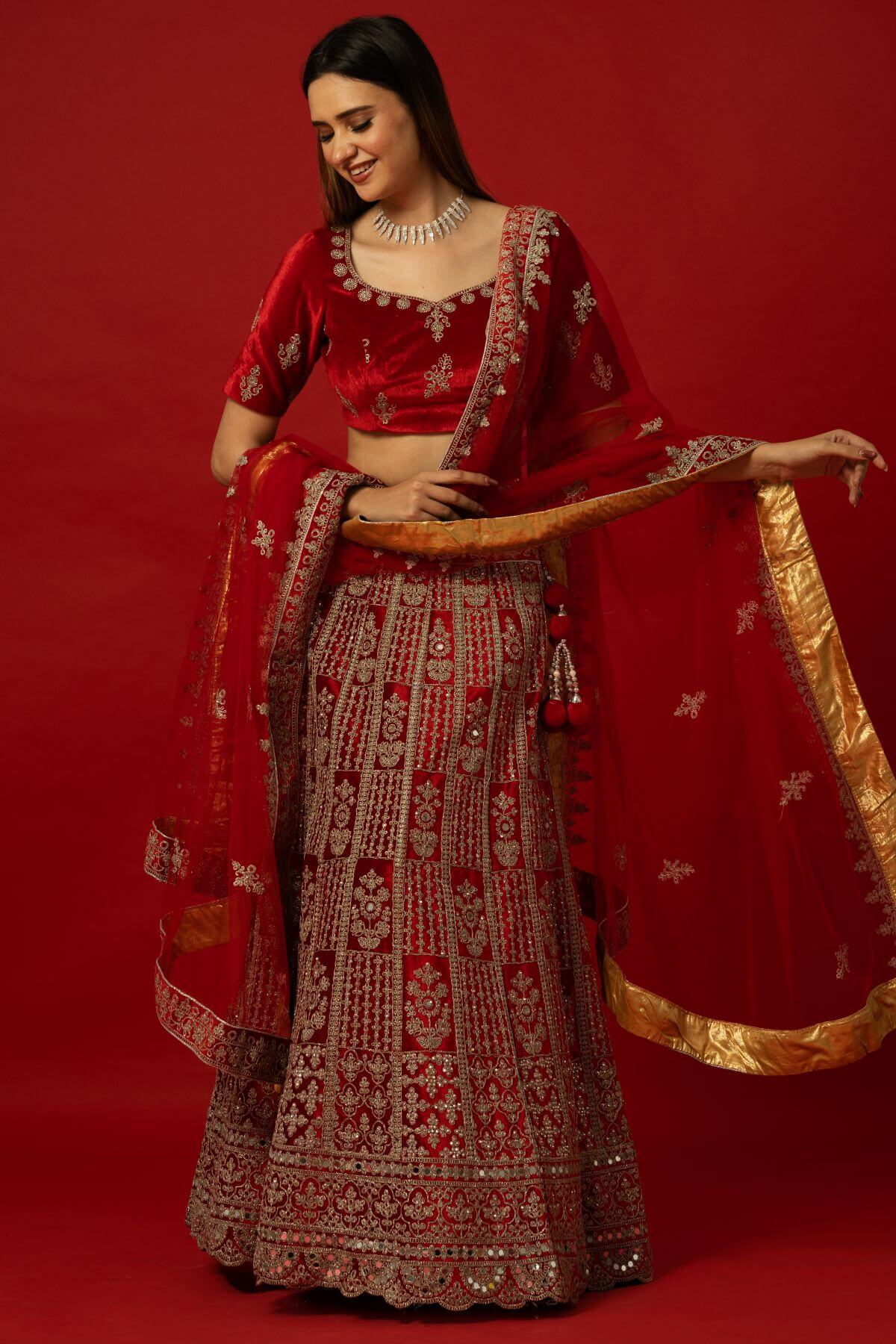 Royal Red Velvet Lehenga with Traditional Zardozi Hand Embroidery