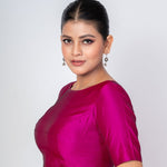Magenta Boat Neck Silk Blouse with Round Back Closure & Elbow Sleeves - Anvi Couture