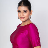 Magenta Boat Neck Silk Blouse with Round Back Closure & Elbow Sleeves - Anvi Couture