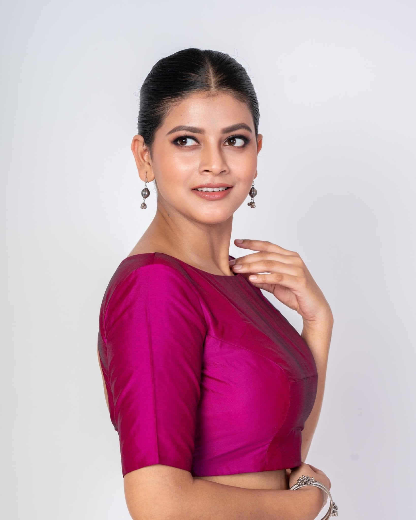 Magenta Boat Neck Silk Blouse with Round Back Closure & Elbow Sleeves - Anvi Couture