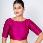 Magenta Boat Neck Silk Blouse with Round Back Closure & Elbow Sleeves - Anvi Couture