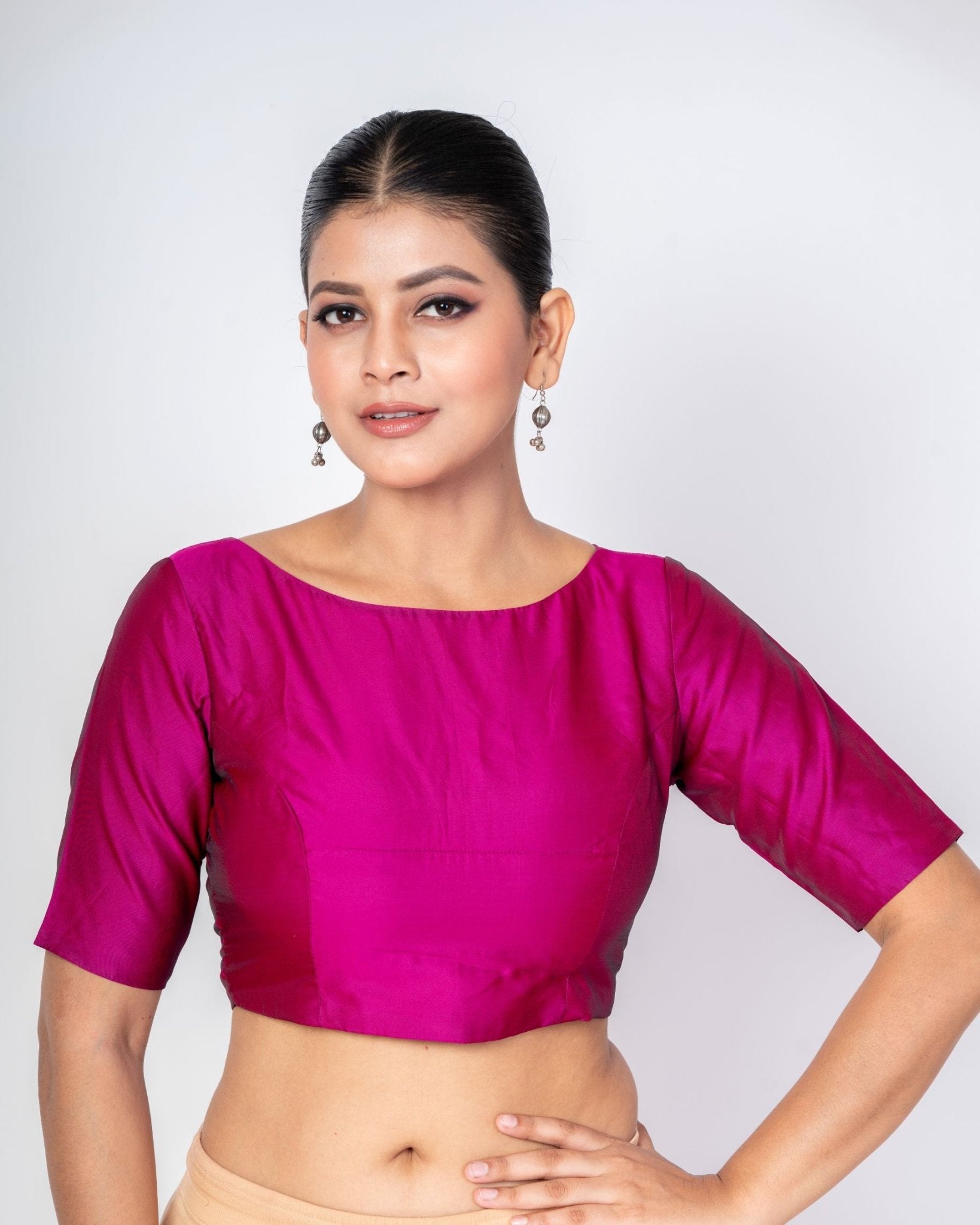 Magenta Boat Neck Silk Blouse with Round Back Closure & Elbow Sleeves - Anvi Couture