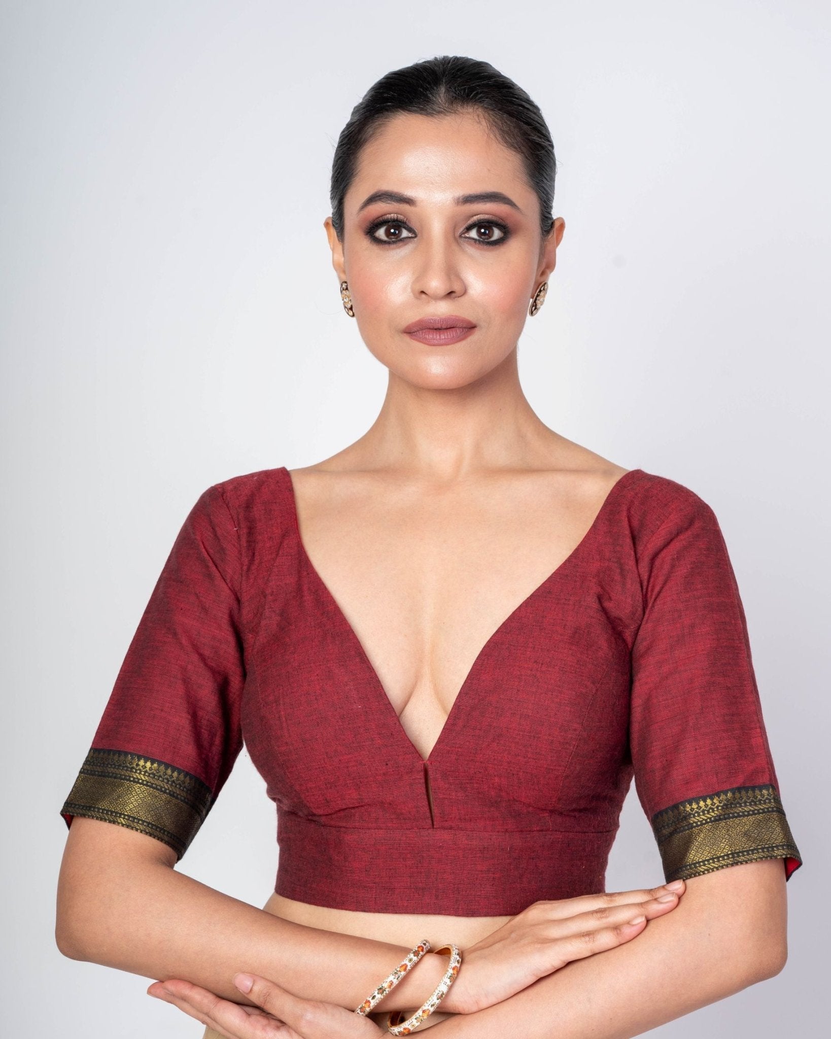 Maroon Blouse Featuring Sweetheart Neckline and Curved U - Back Closure - Anvi Couture