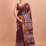 Maroon Cotton Silk Batik Saree with Copper Border - Anvi Couture