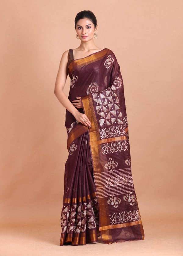 Maroon Cotton Silk Batik Saree with Copper Border - Anvi Couture