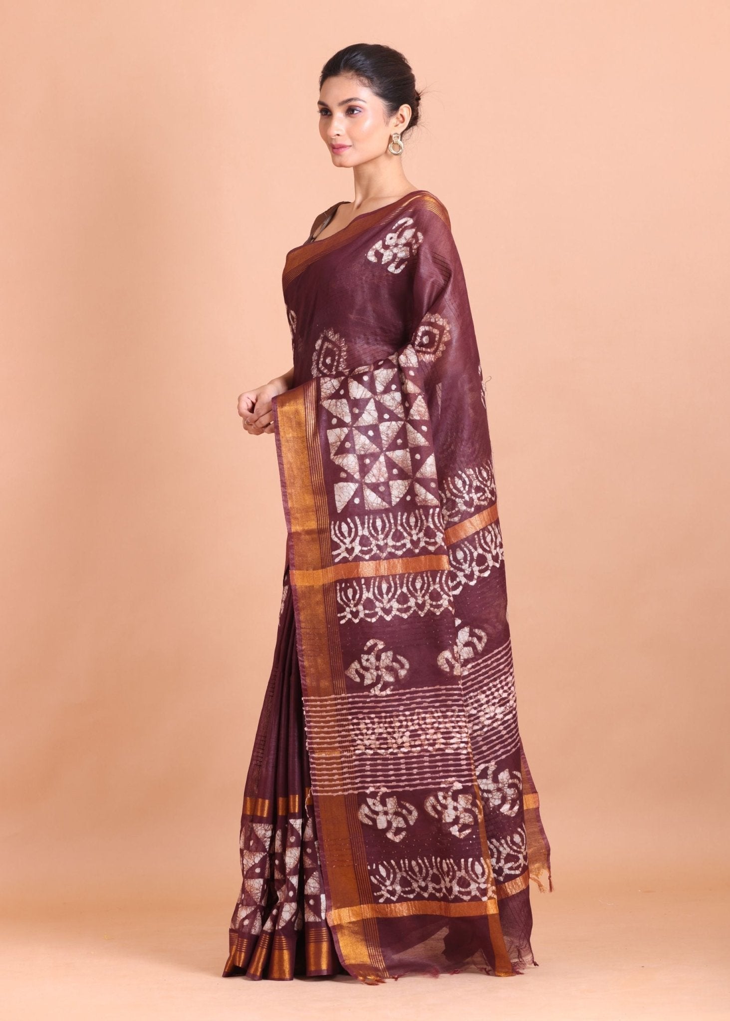 Maroon Cotton Silk Batik Saree with Copper Border - Anvi Couture