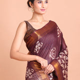 Maroon Cotton Silk Batik Saree with Copper Border - Anvi Couture