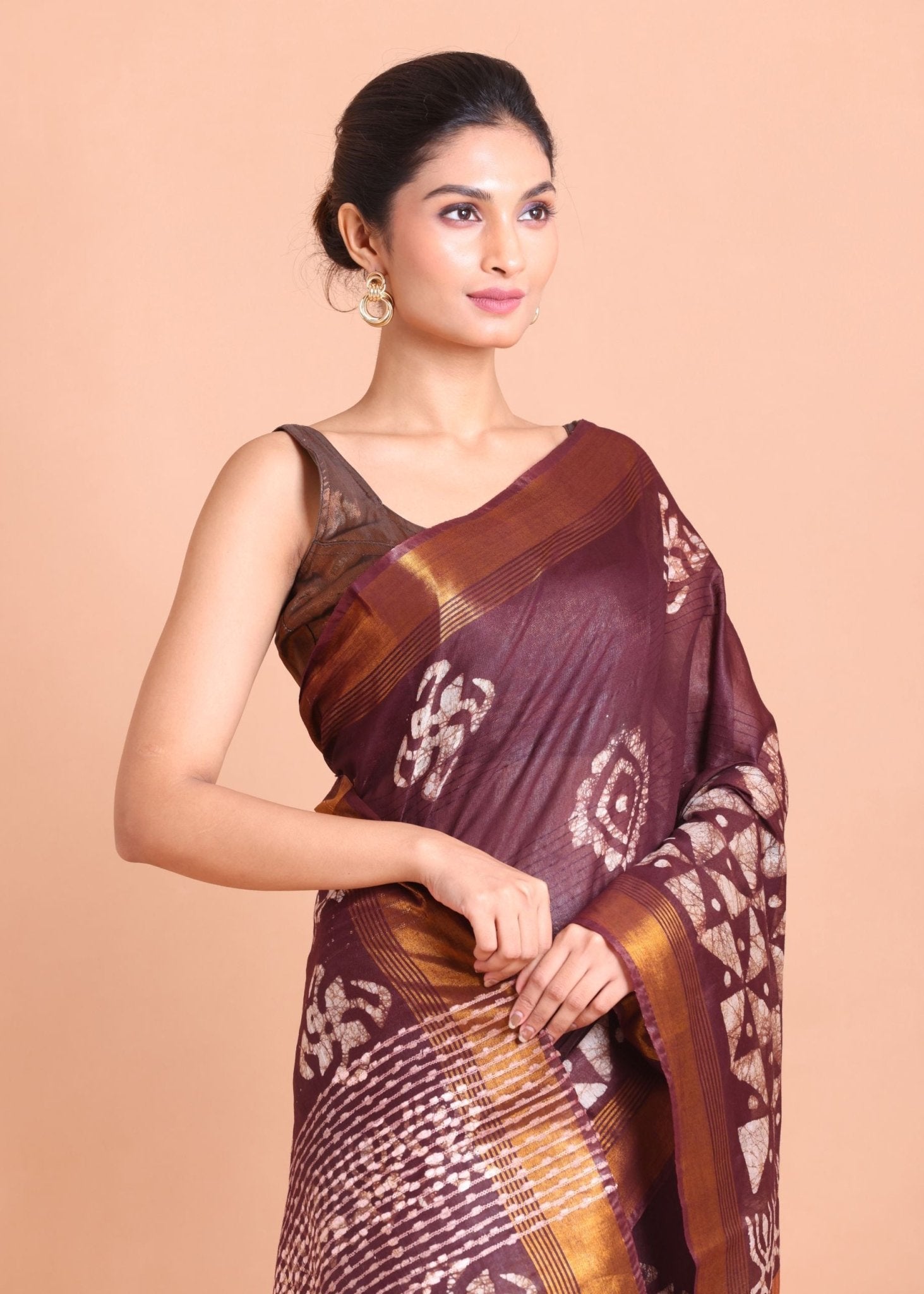 Maroon Cotton Silk Batik Saree with Copper Border - Anvi Couture