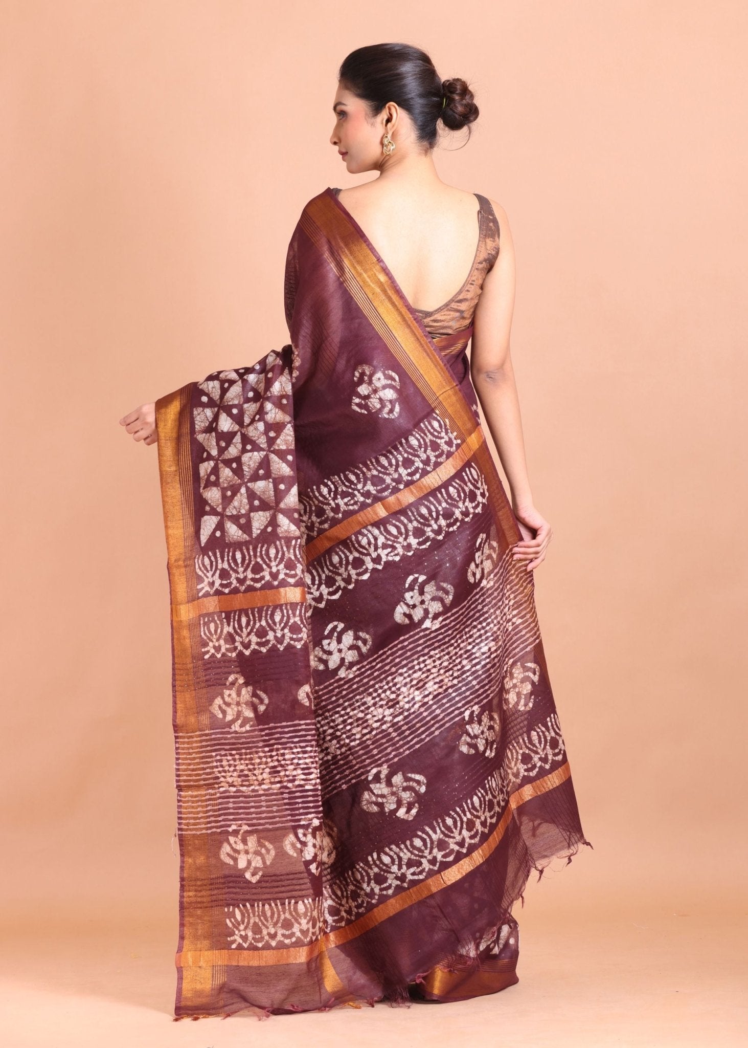 Maroon Cotton Silk Batik Saree with Copper Border - Anvi Couture