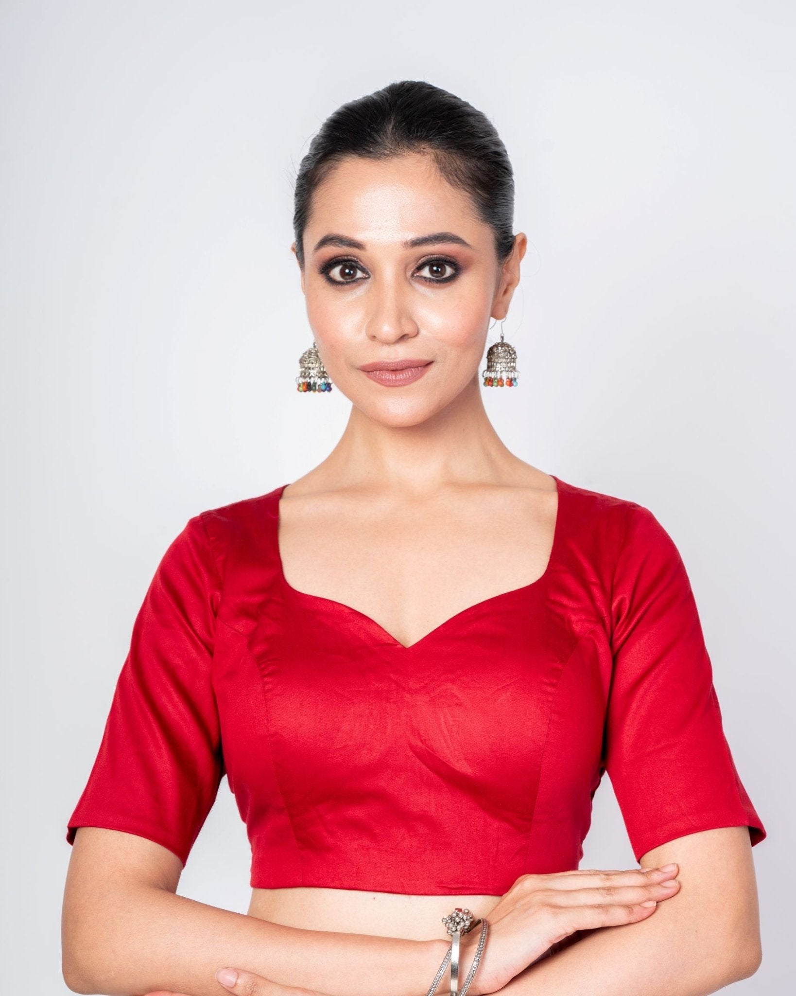 Maroon Cotton Silk Sweetheart Neckline Blouse with Elbow Sleeves