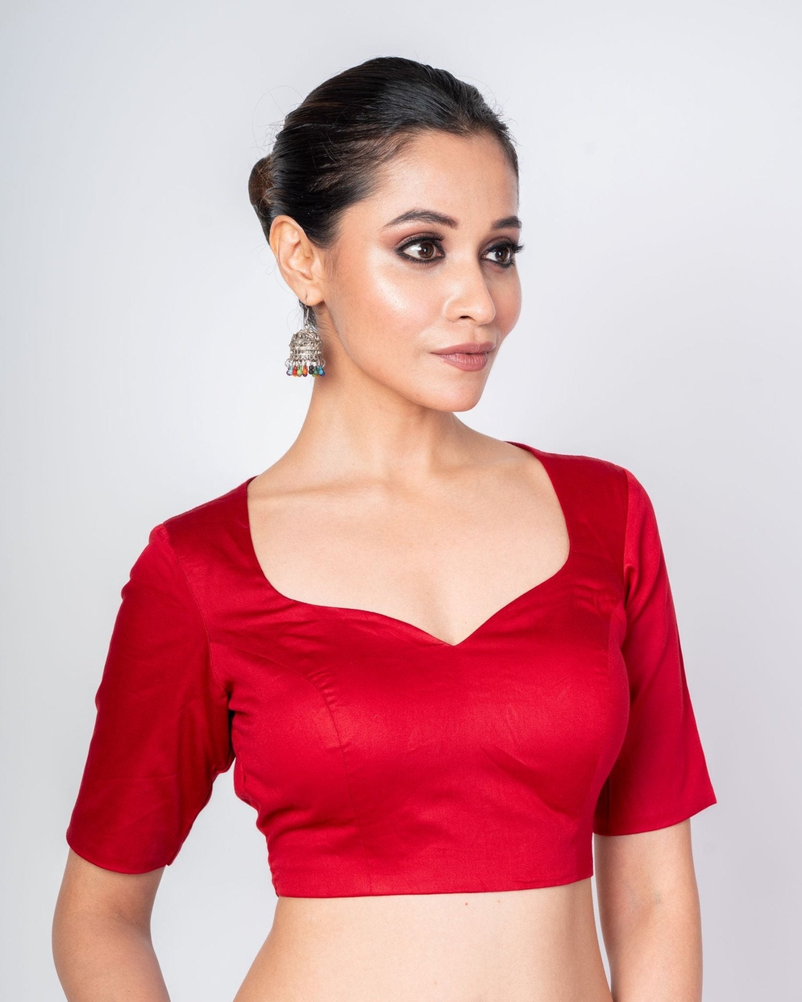 Maroon Cotton Silk Sweetheart Neckline Blouse with Elbow Sleeves