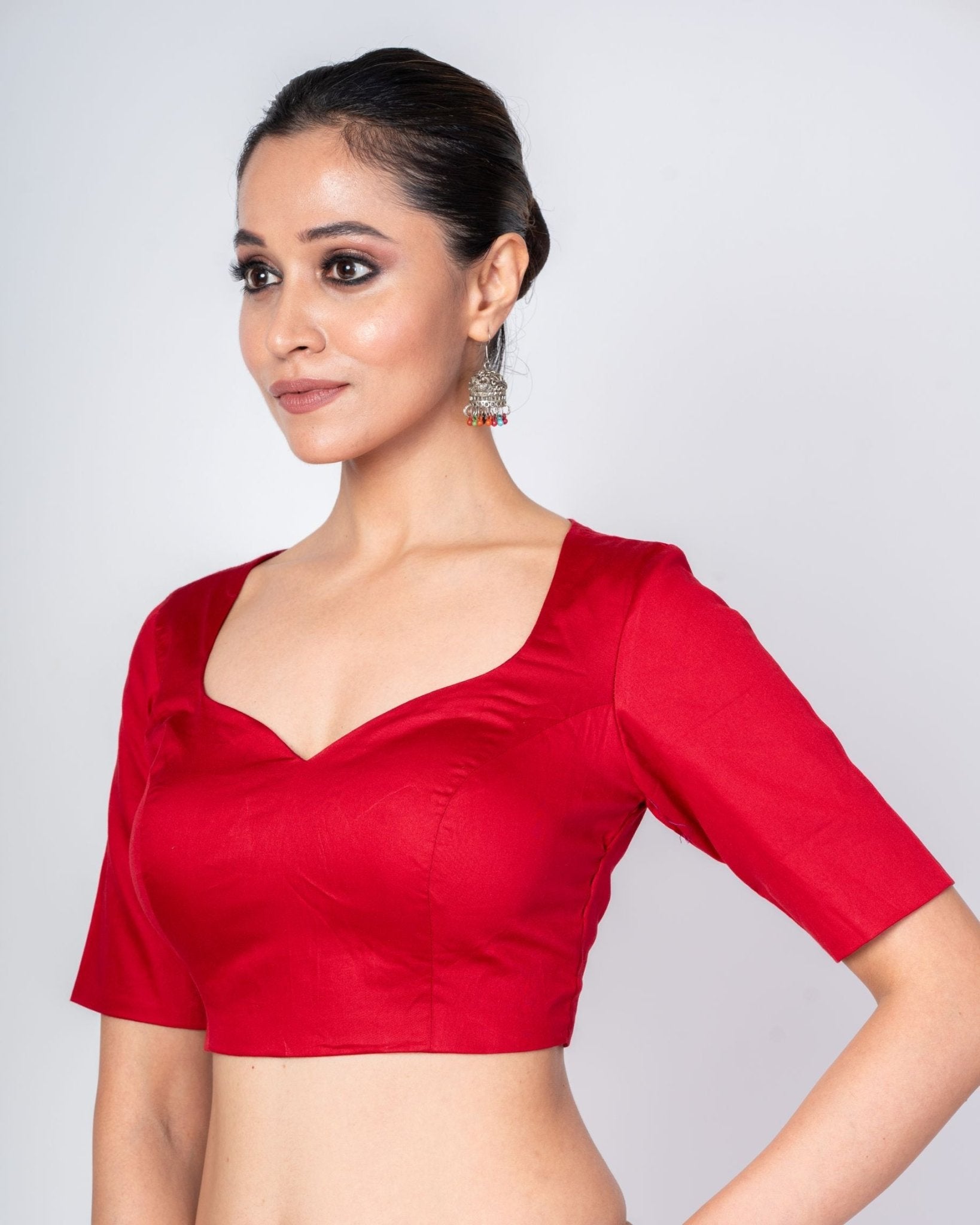 Maroon Cotton Silk Sweetheart Neckline Blouse with Elbow Sleeves