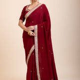 Maroon Crepe Silk Saree with Hand Embroidered Work -Front
