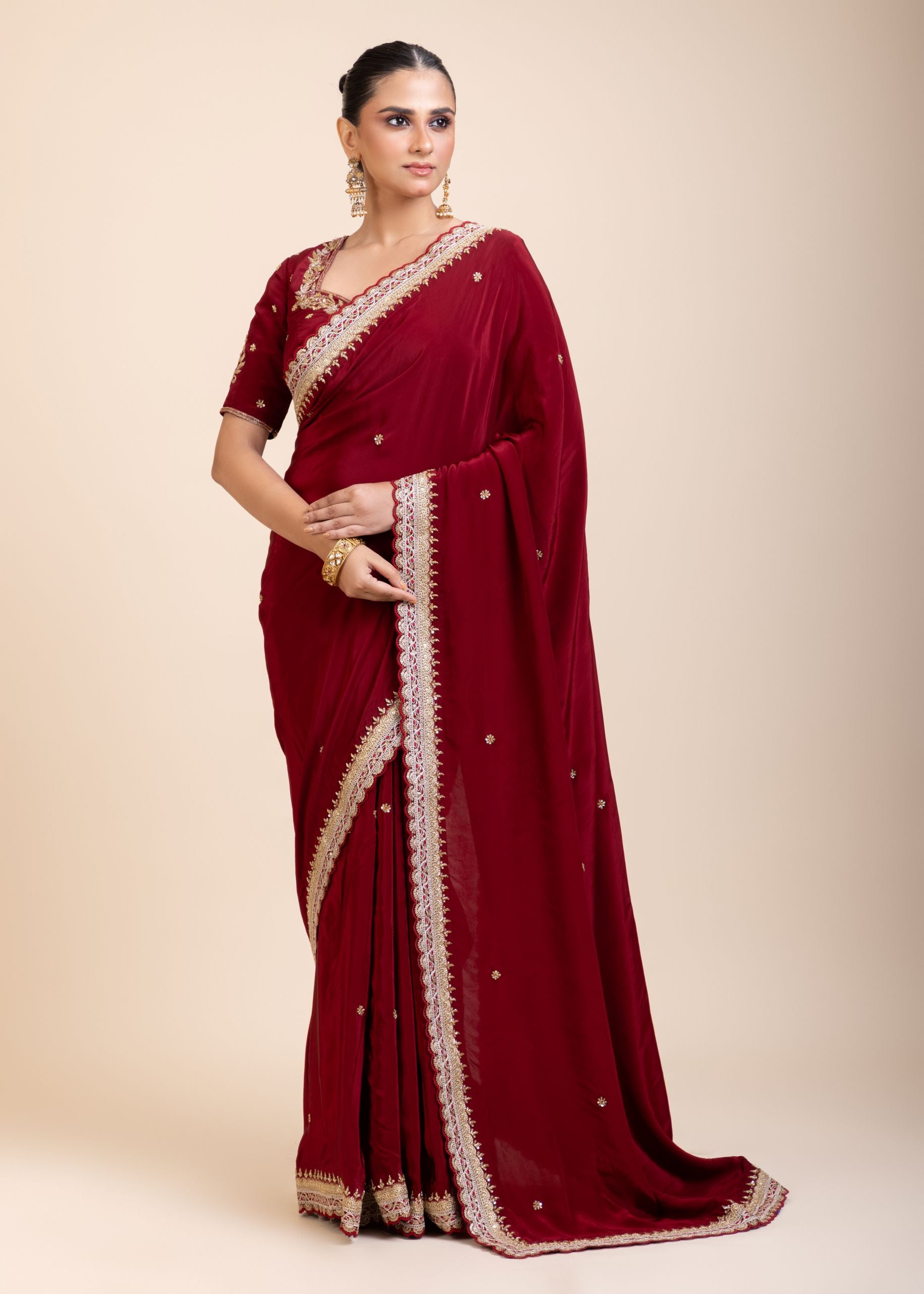 Maroon Crepe Silk Saree with Hand Embroidered Work -Front
