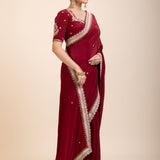 Maroon Crepe Silk Saree with Hand Embroidered Work -Side
