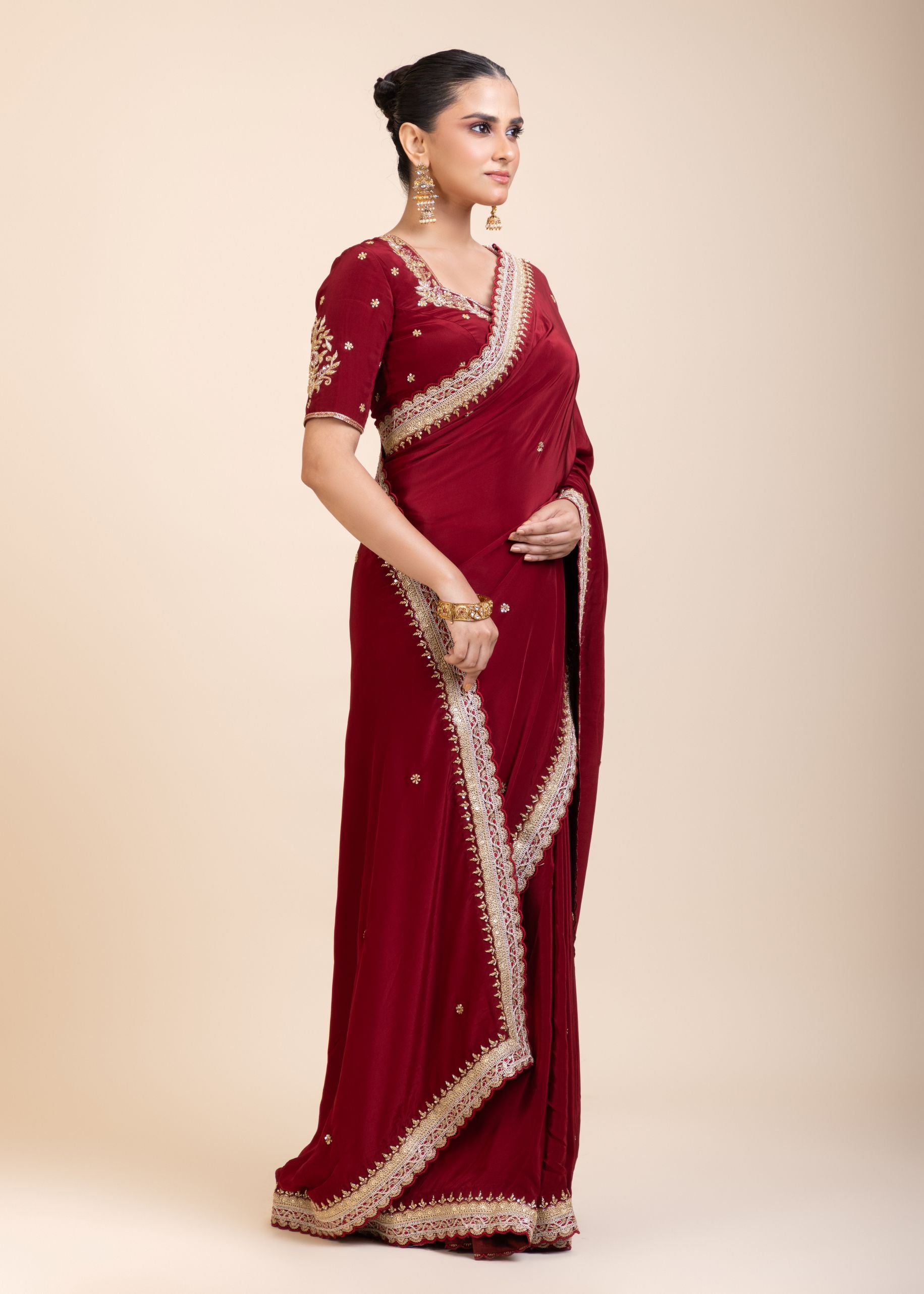 Maroon Crepe Silk Saree with Hand Embroidered Work -Side
