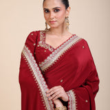 Maroon Crepe Silk Saree with Hand Embroidered Work - Close
