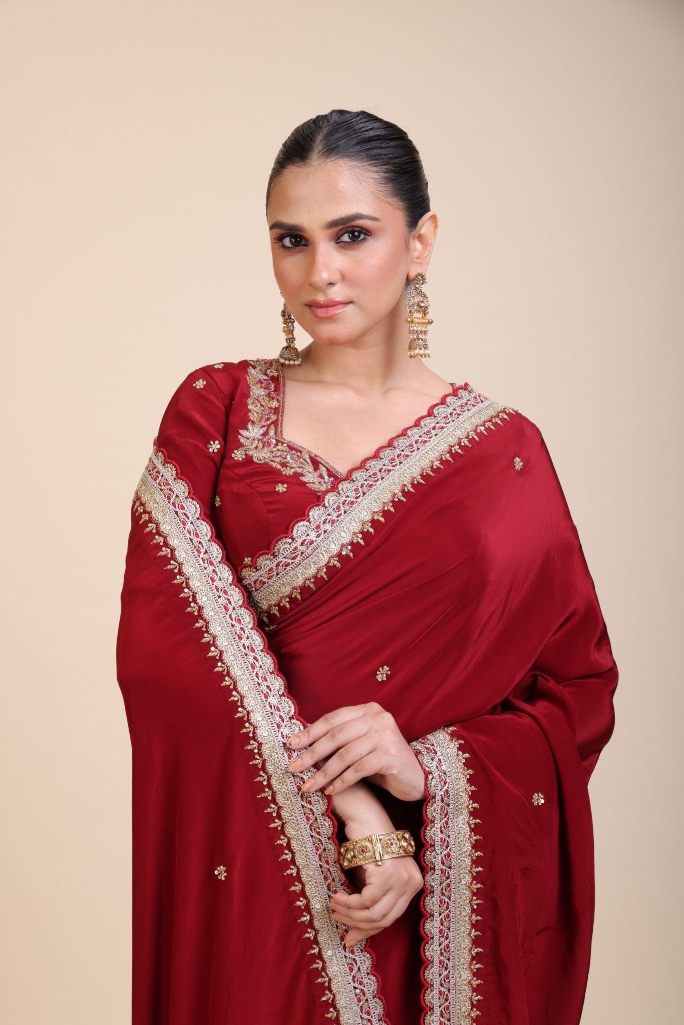 Maroon Crepe Silk Saree with Hand Embroidered Work - Anvi Couture