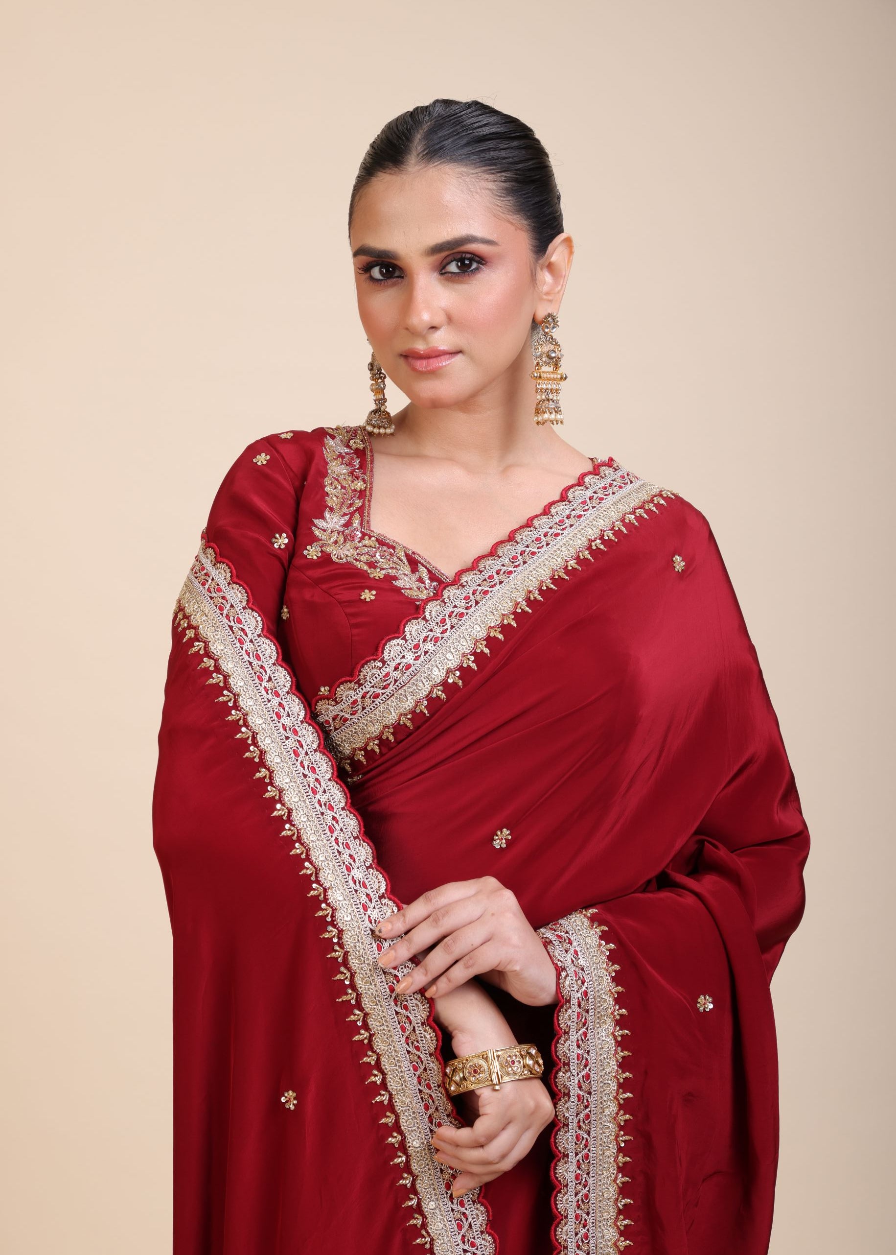 Maroon Crepe Silk Saree with Hand Embroidered Work - Close
