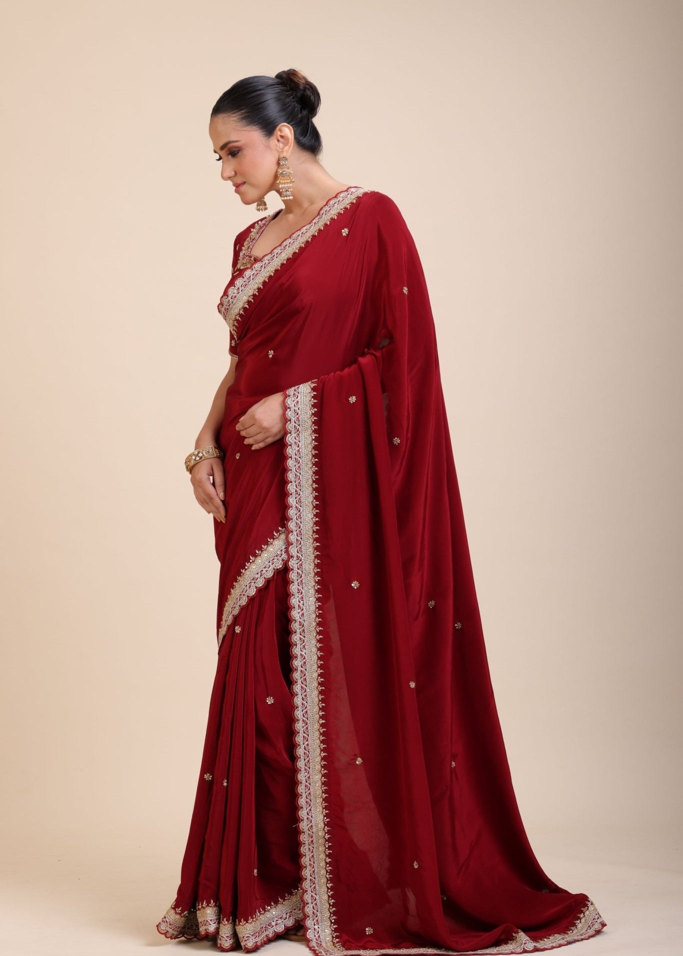 Maroon Crepe Silk Saree with Hand Embroidered Work - Anvi Couture