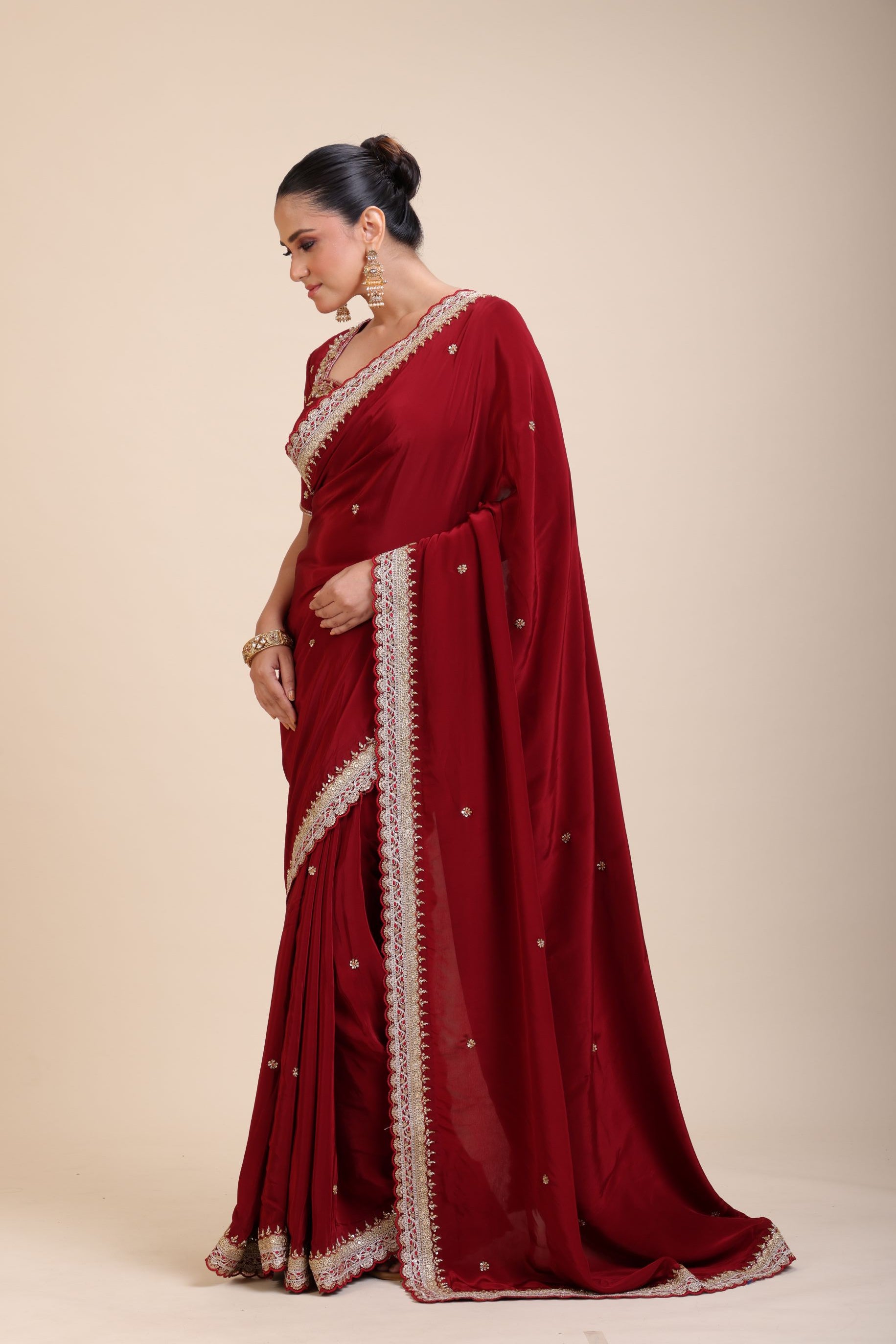 Maroon Crepe Silk Saree with Hand Embroidered Work -Pallu

