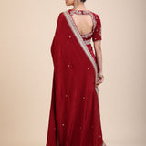 Maroon Crepe Silk Saree with Hand Embroidered Work - Back
 
