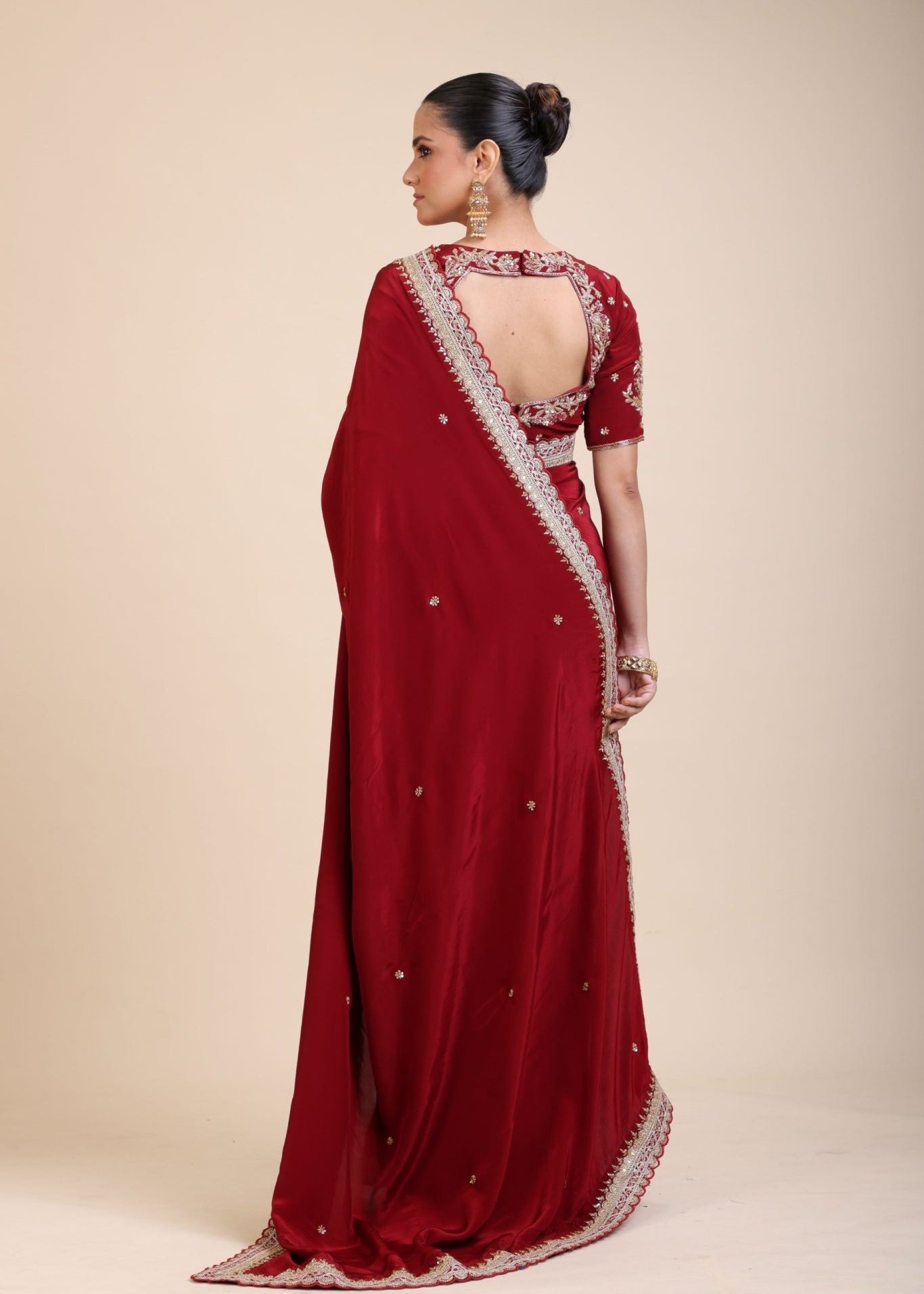 Maroon Crepe Silk Saree with Hand Embroidered Work - Anvi Couture