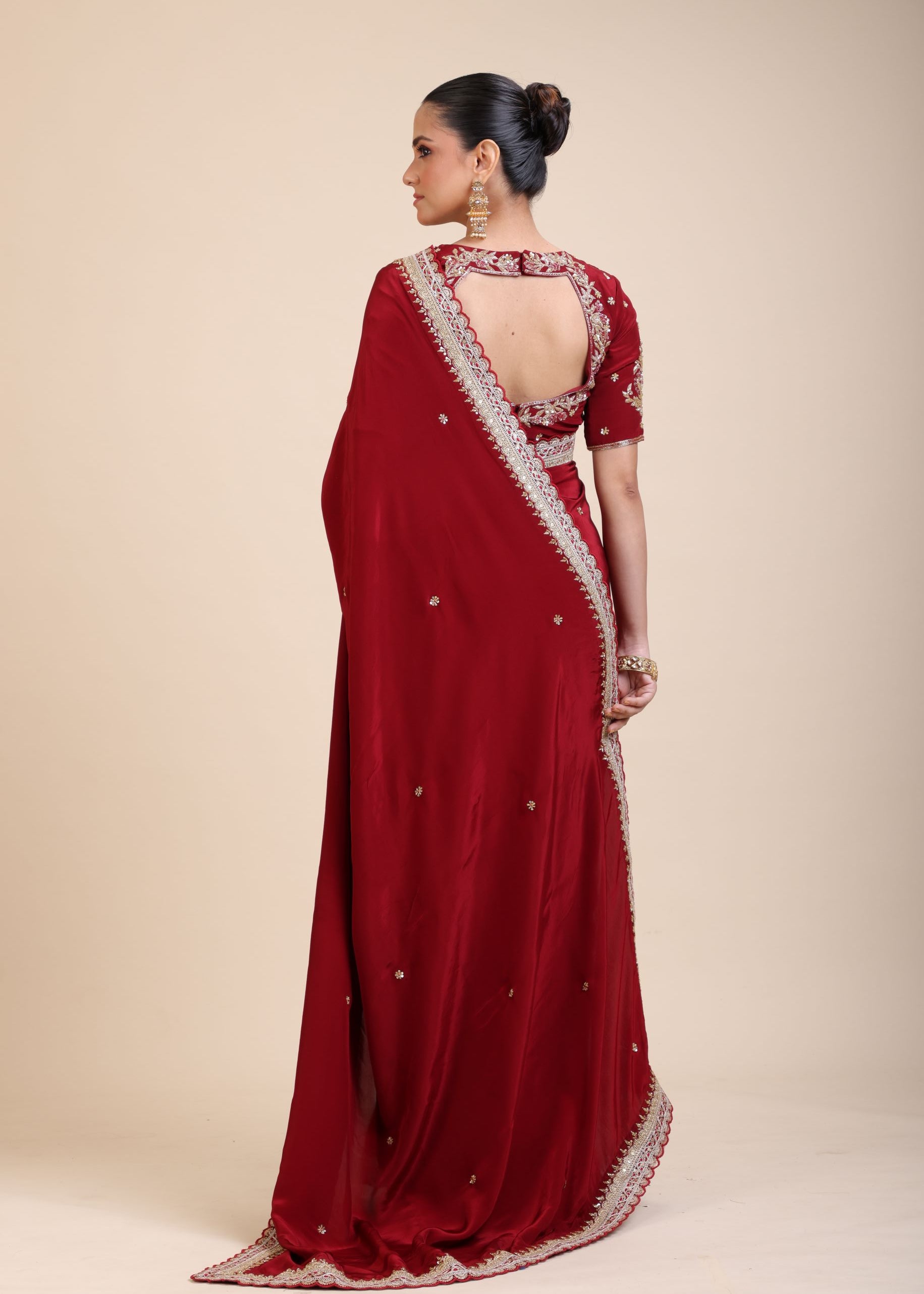 Maroon Crepe Silk Saree with Hand Embroidered Work - Back
 