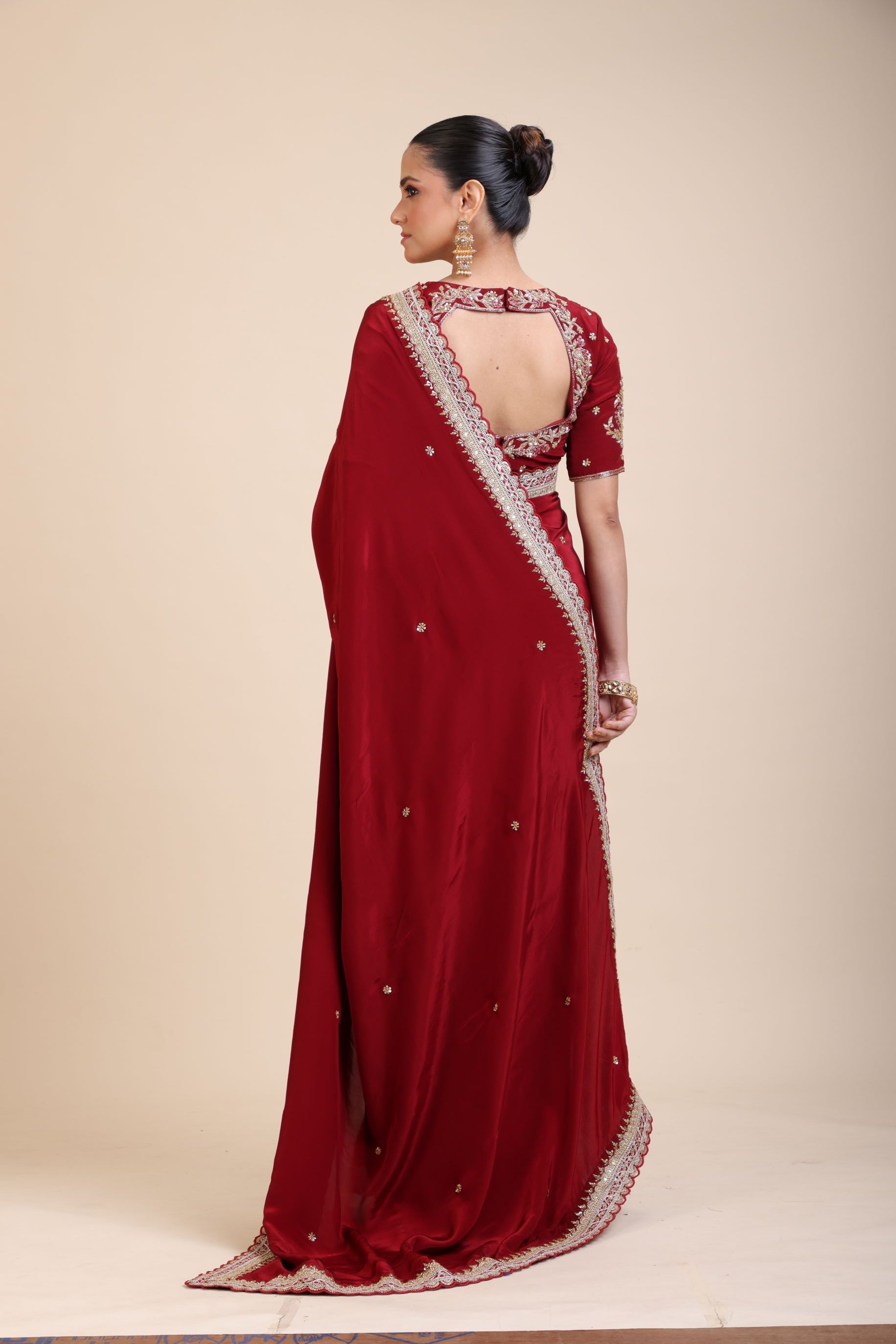 Maroon Crepe Silk Saree with Hand Embroidered Work - Back
 