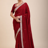 Maroon Crepe Silk Saree with Hand Embroidered Work Full
