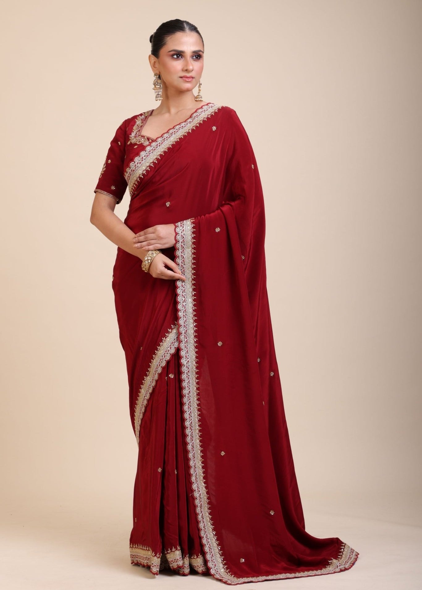Maroon Crepe Silk Saree with Hand Embroidered Work - Anvi Couture