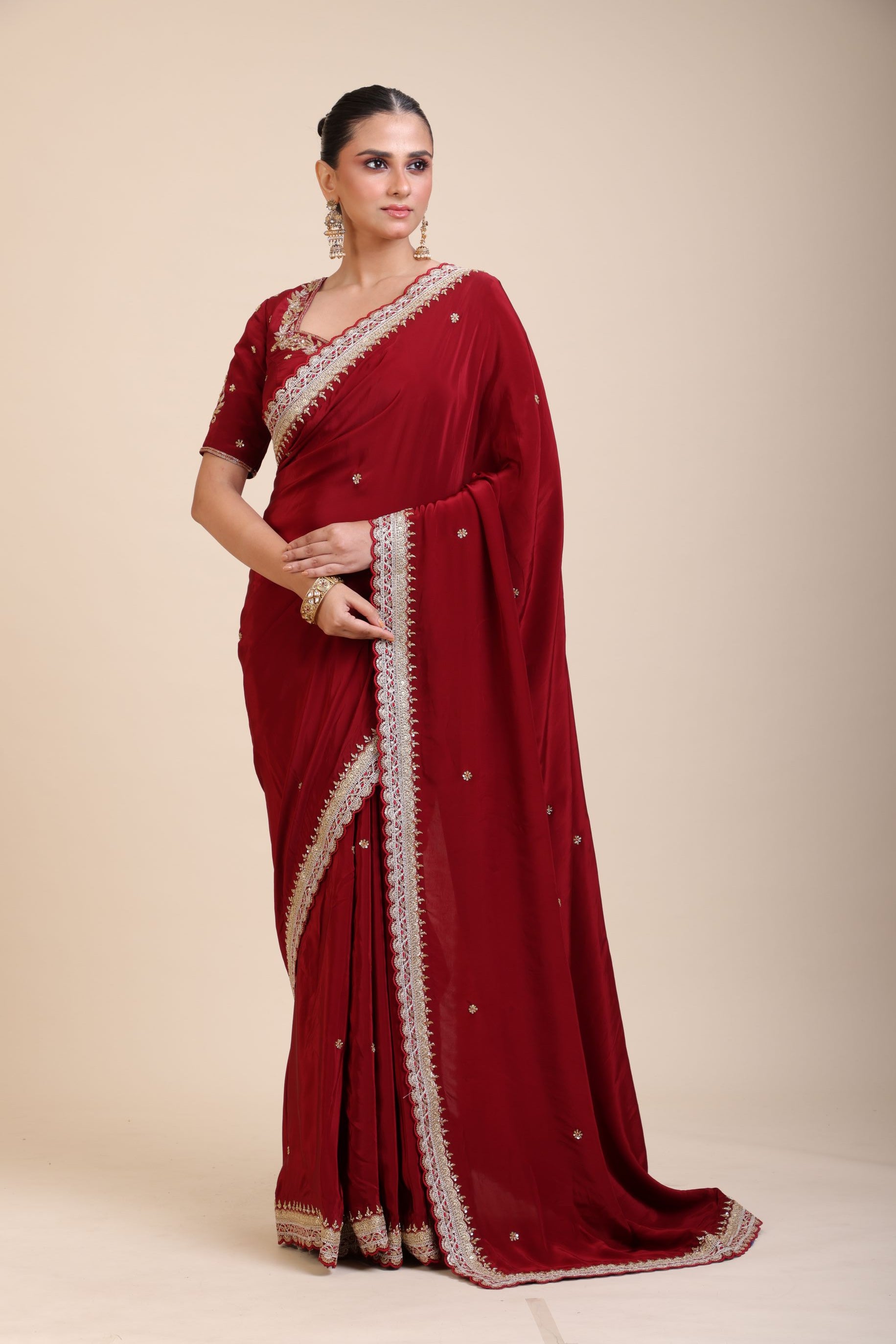 Maroon Crepe Silk Saree with Hand Embroidered Work Full
