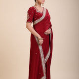 Maroon Crepe Silk Saree with Hand Embroidered Work Front
