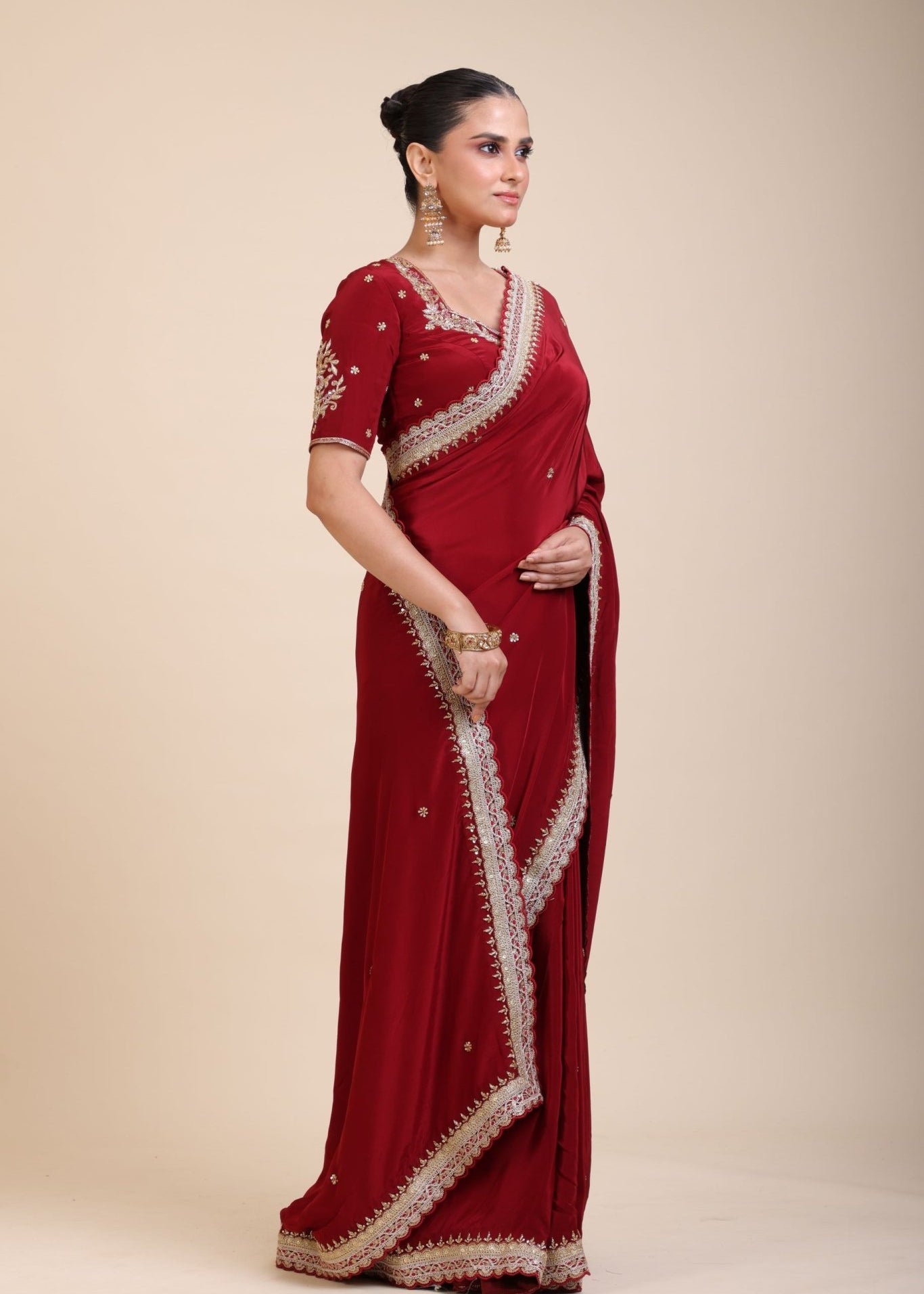 Maroon Crepe Silk Saree with Hand Embroidered Work - Anvi Couture