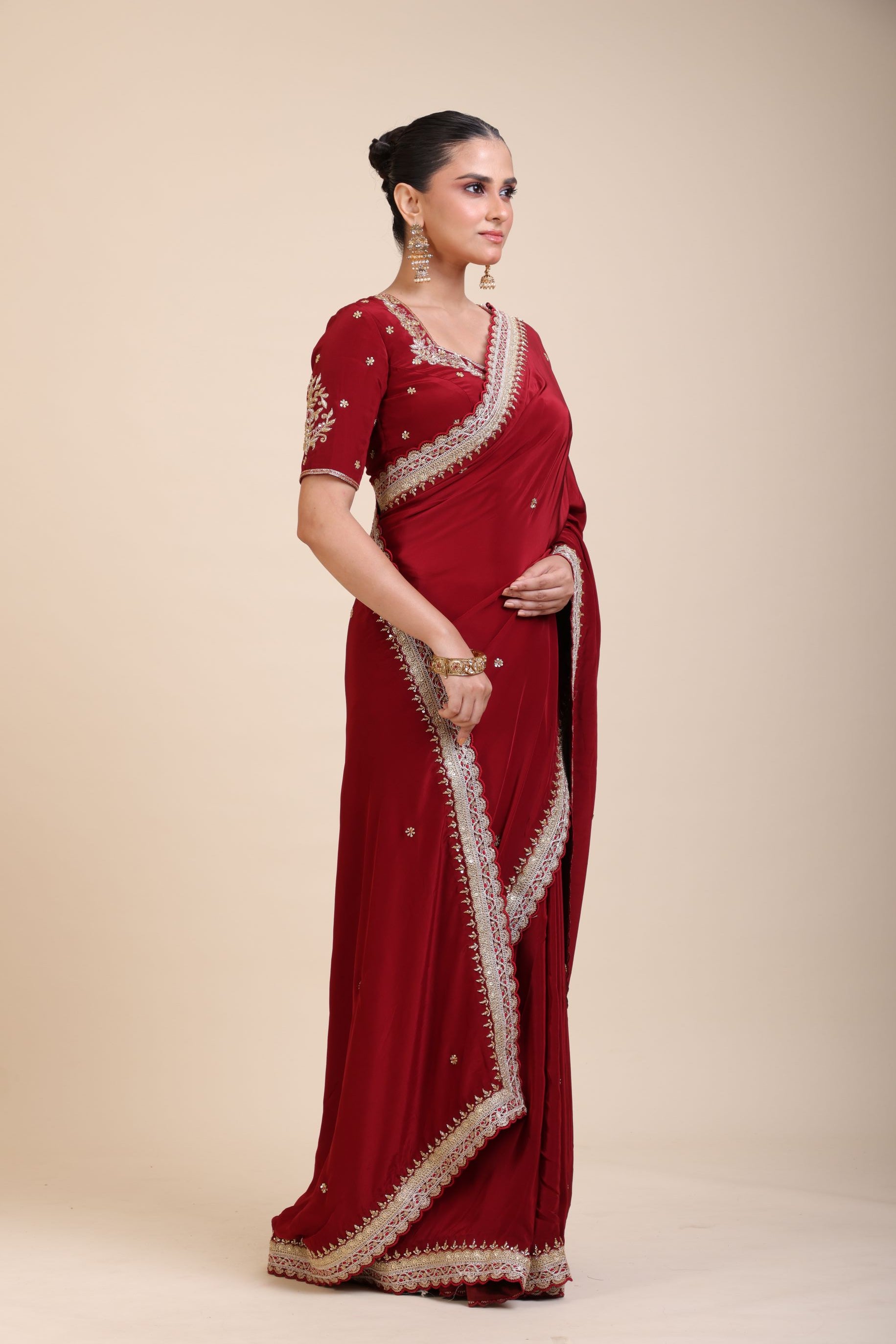 Maroon Crepe Silk Saree with Hand Embroidered Work Front

