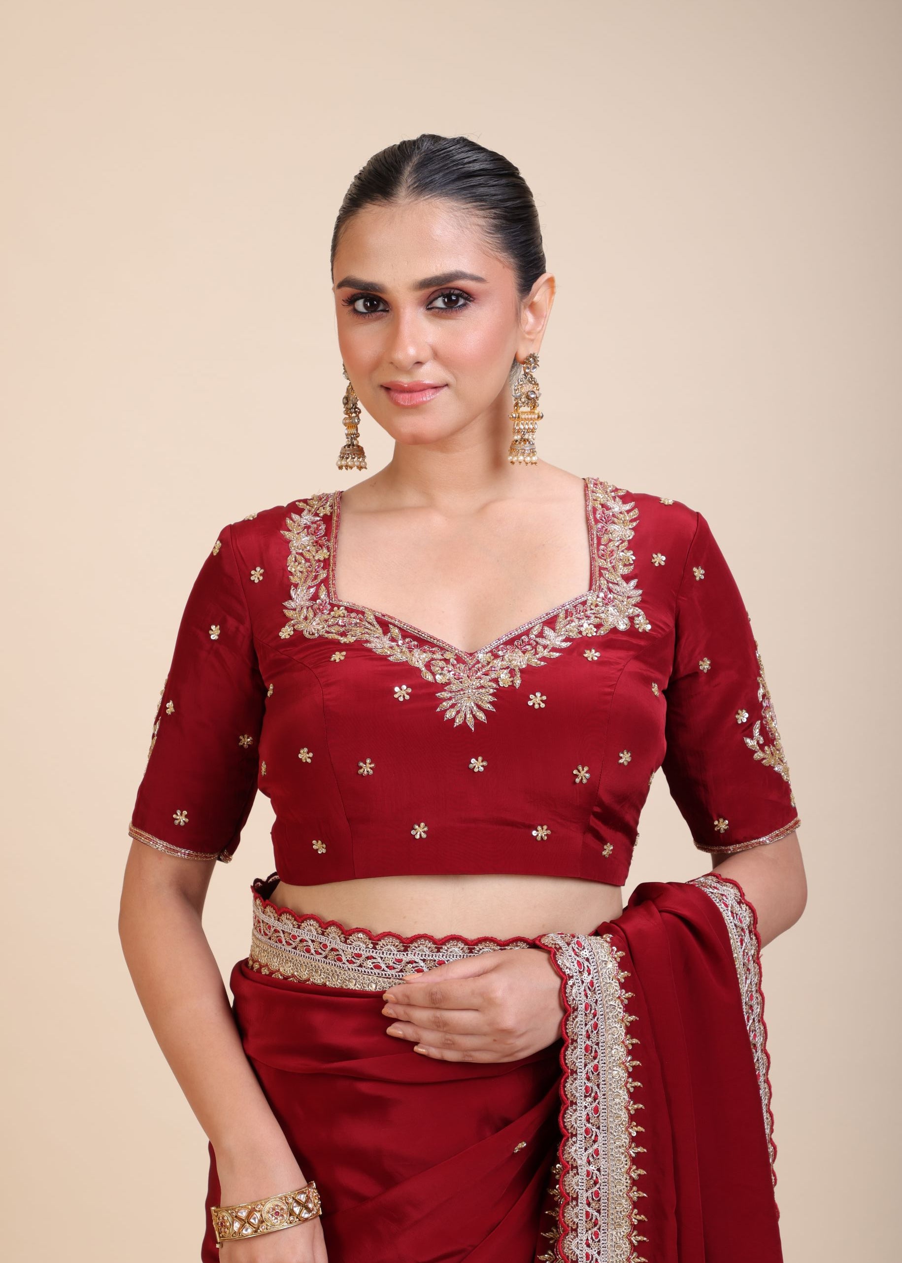 Maroon Crepe Silk Saree with Hand Embroidered Work Close Up

