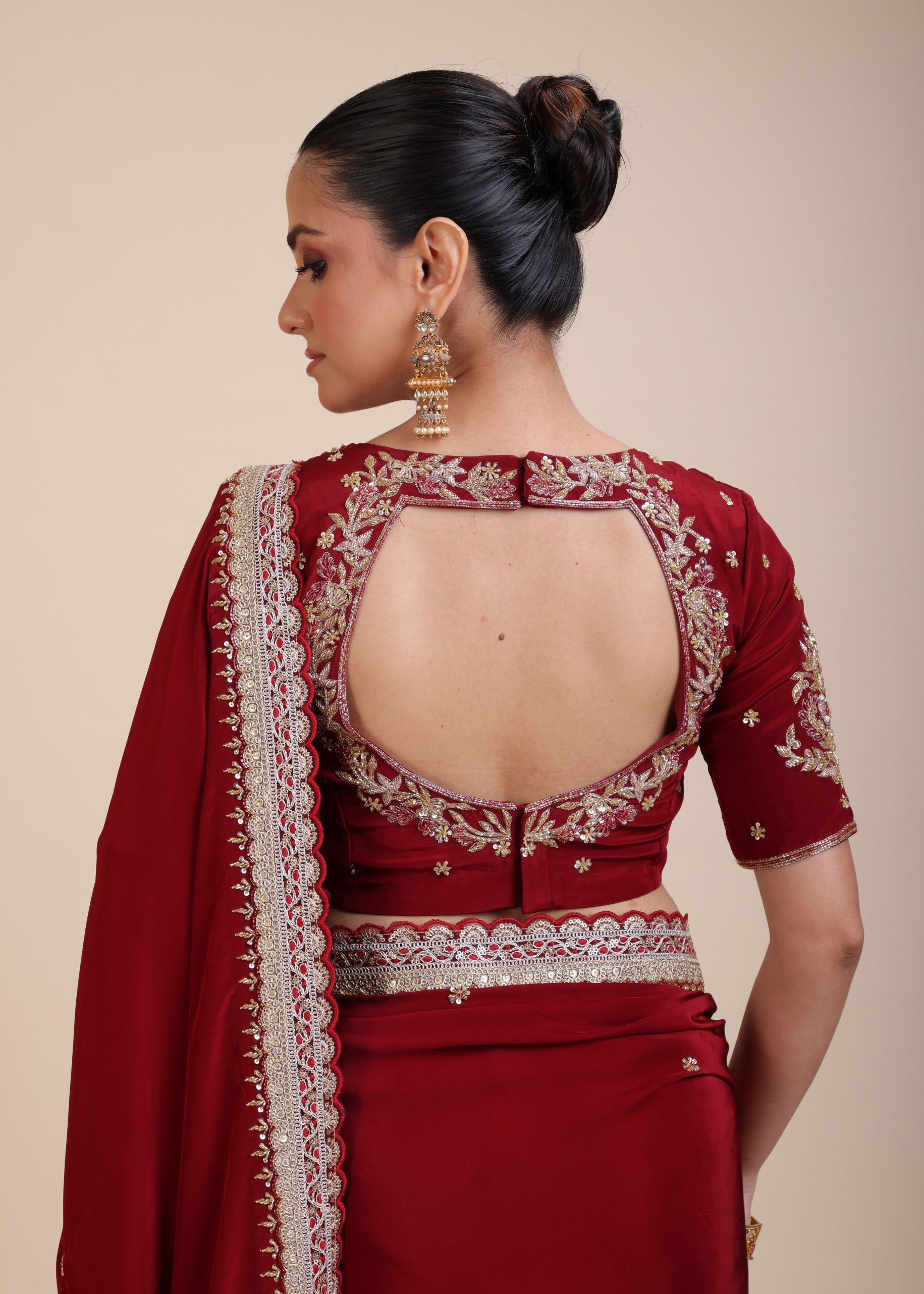 Maroon Crepe Silk Saree with Hand Embroidered Work Back
