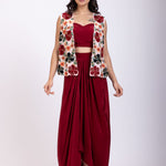 Maroon Croptop Drape Skirt Set  with Embroidered Jacket Full