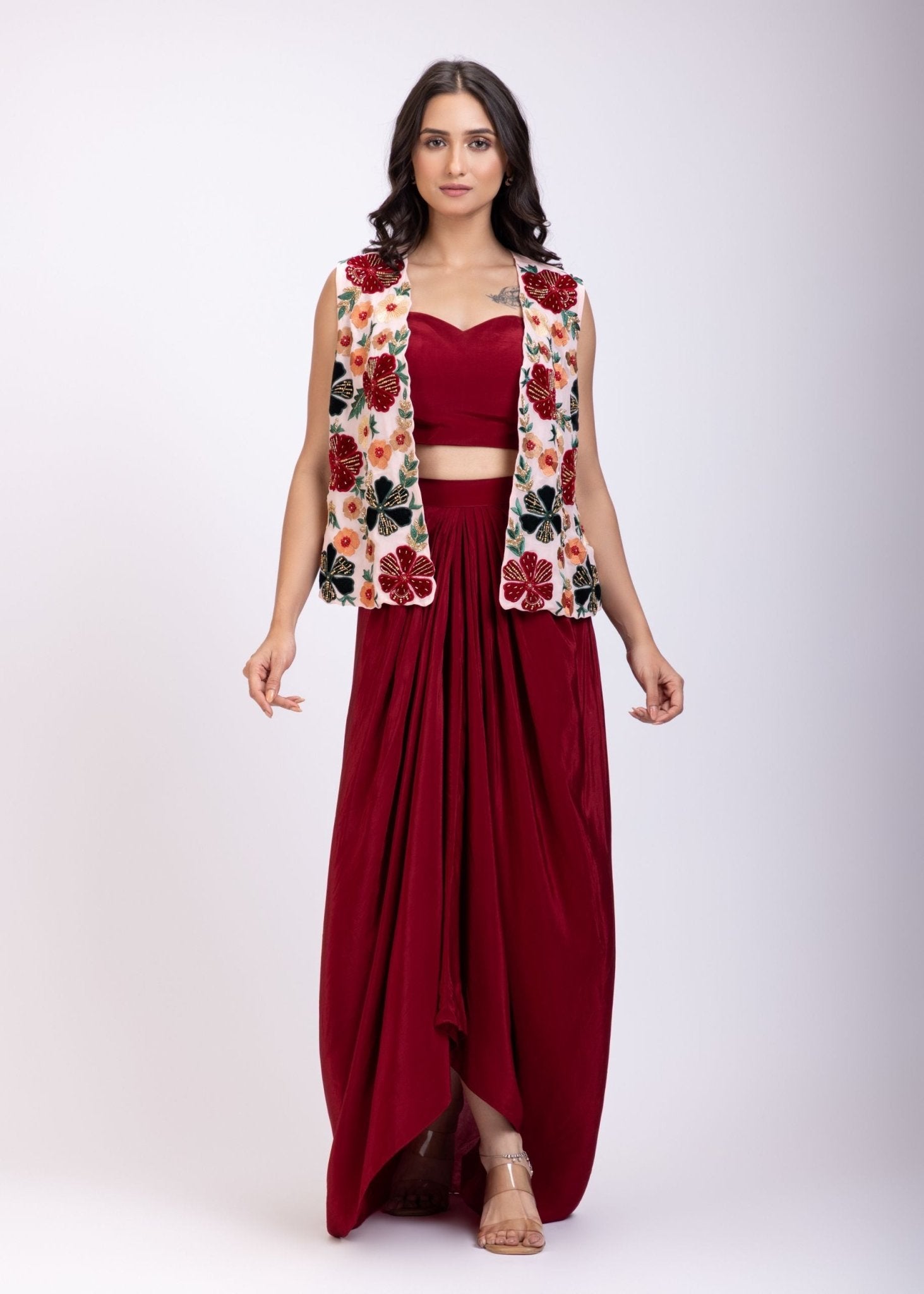 Maroon Croptop Drape Skirt Set with Embroidered Jacket - Anvi Couture