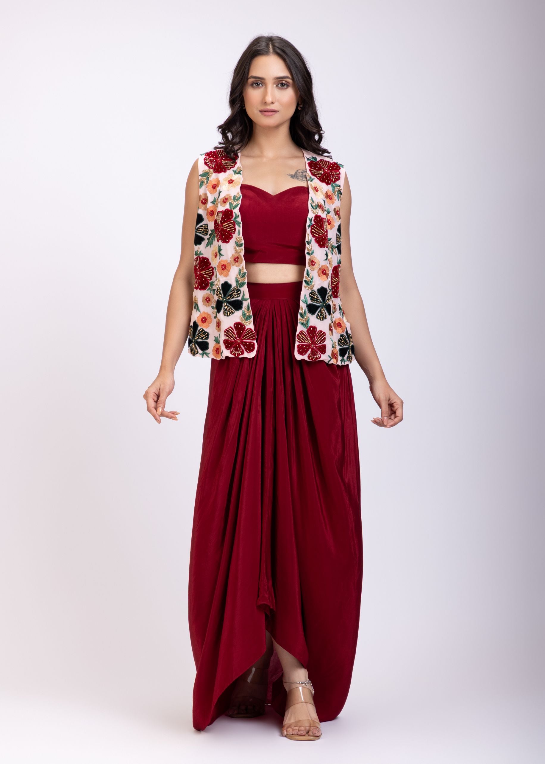 Maroon Croptop Drape Skirt Set  with Embroidered Jacket Full