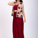 Maroon Croptop Drape Skirt Set  with Embroidered Jacket Side