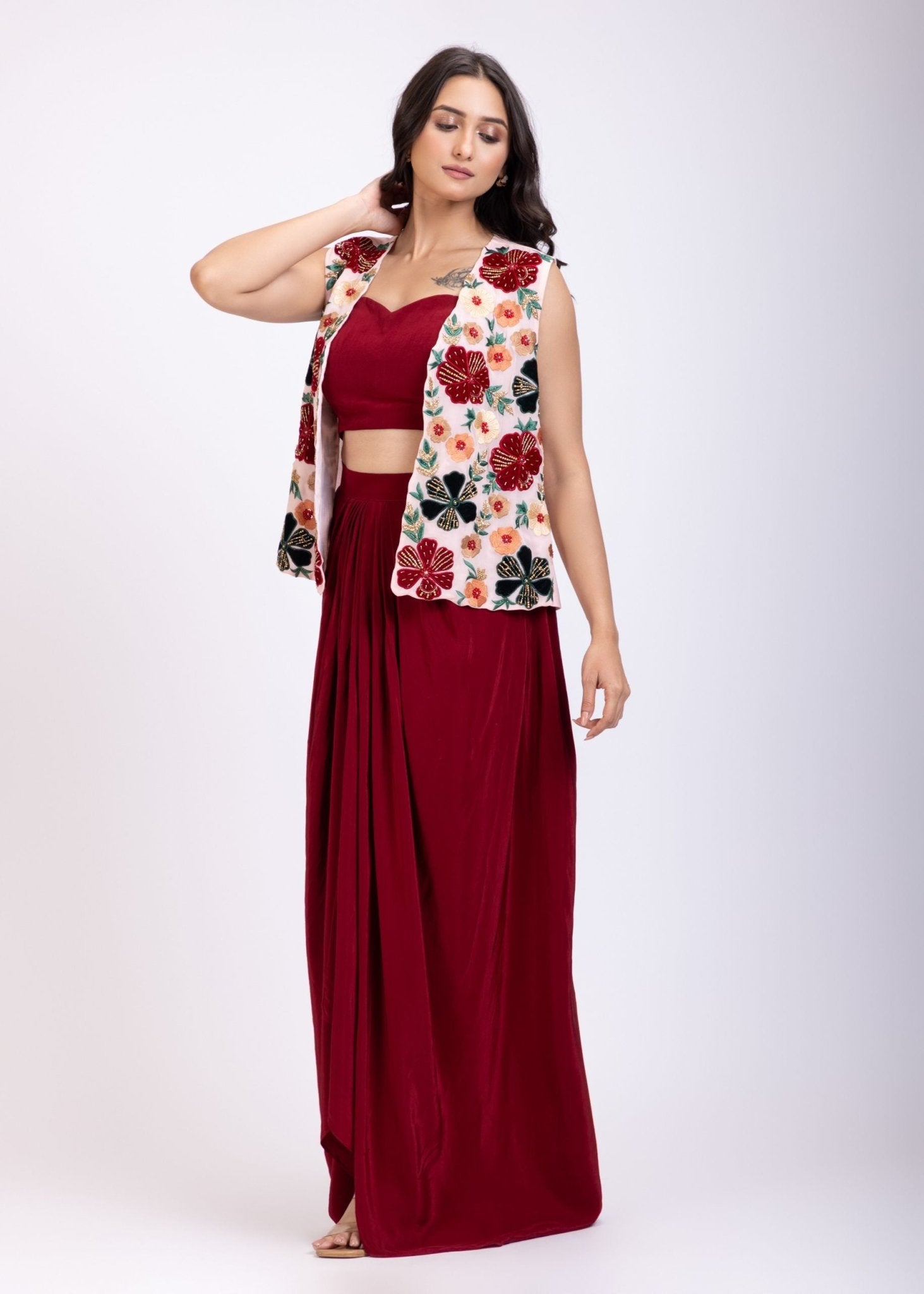 Maroon Croptop Drape Skirt Set with Embroidered Jacket - Anvi Couture