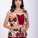 Maroon Croptop Drape Skirt Set  with Embroidered Jacket Close Up