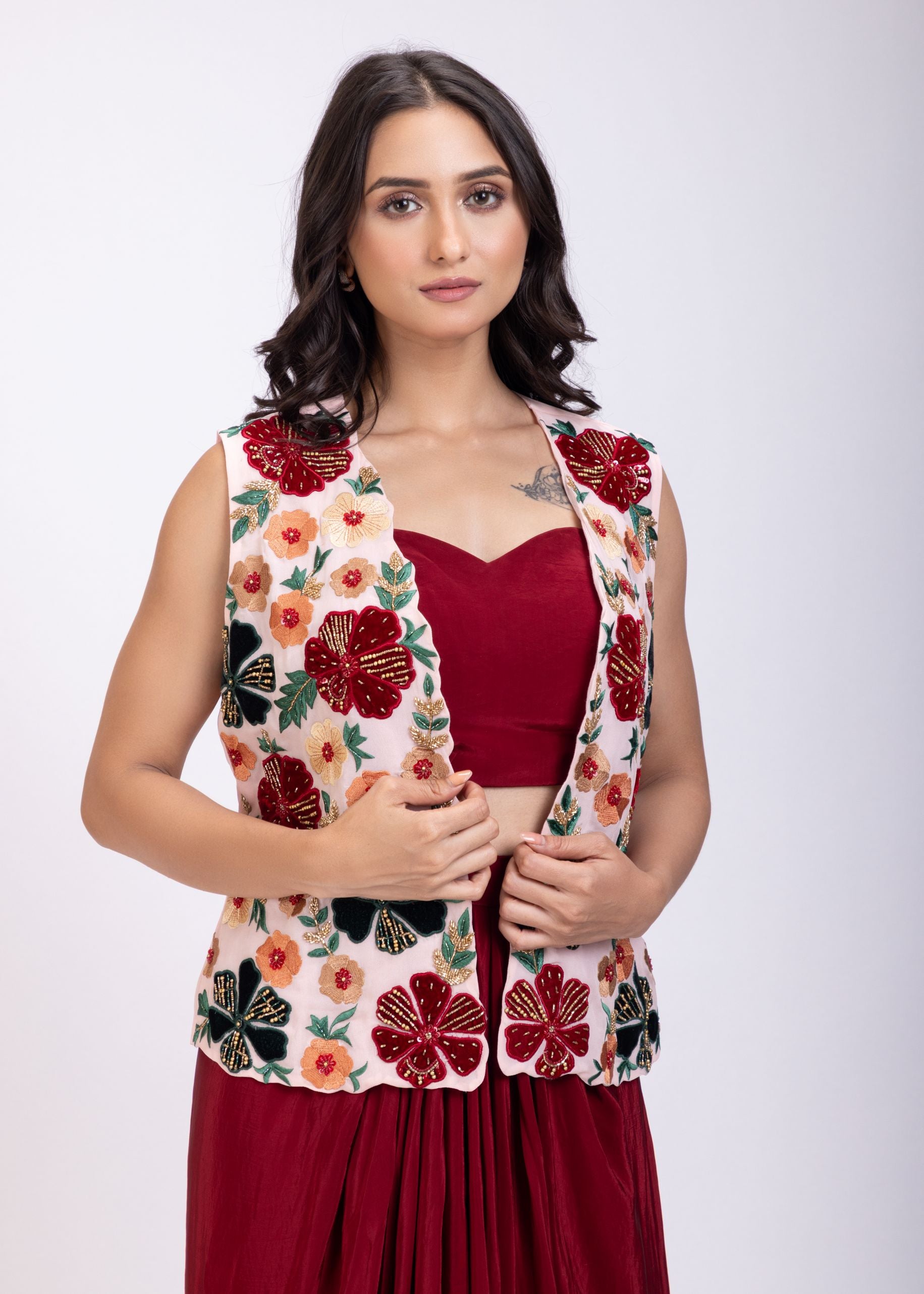 Maroon Croptop Drape Skirt Set  with Embroidered Jacket Close Up