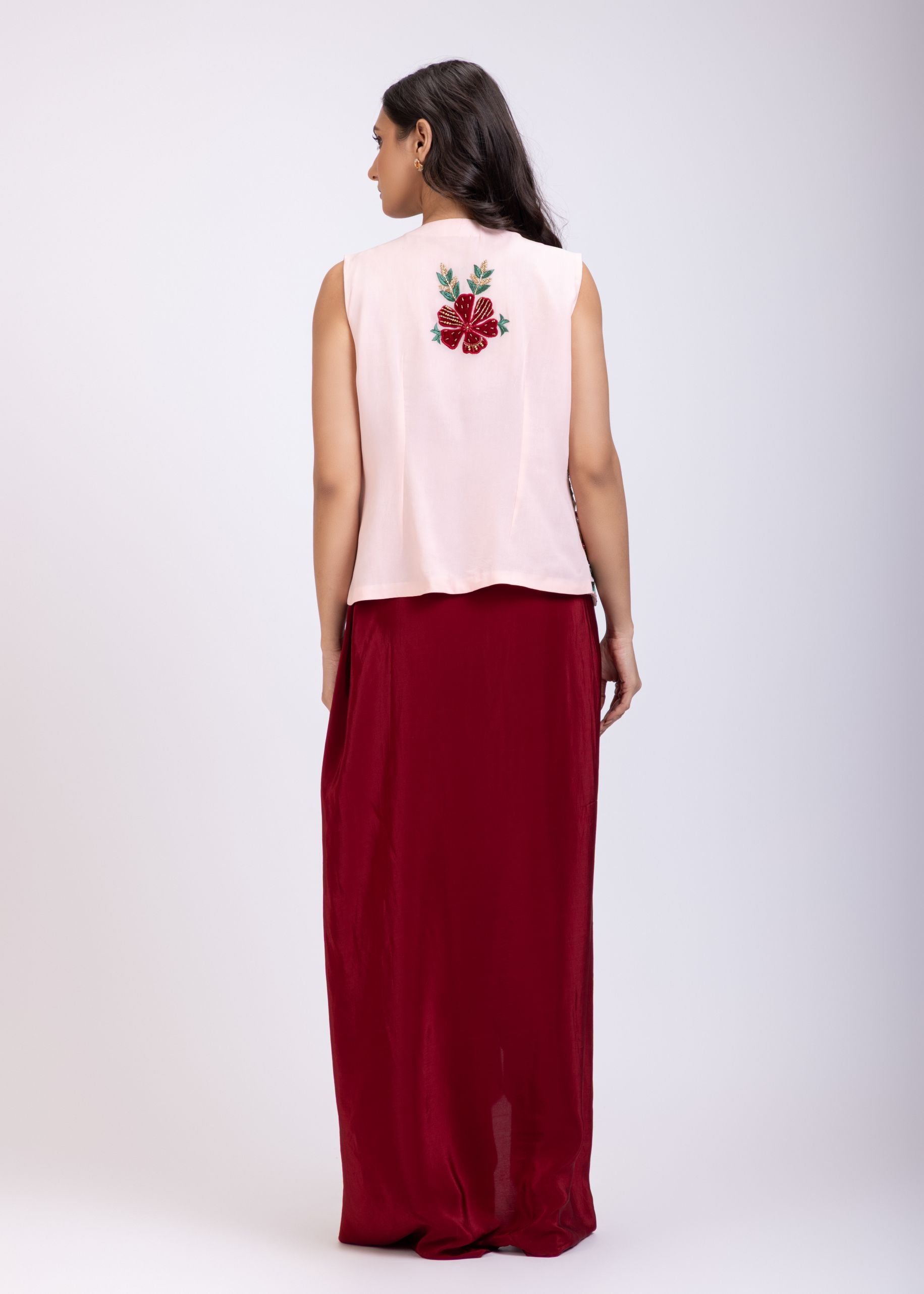 Maroon Croptop Drape Skirt Set  with Embroidered Jacket Back