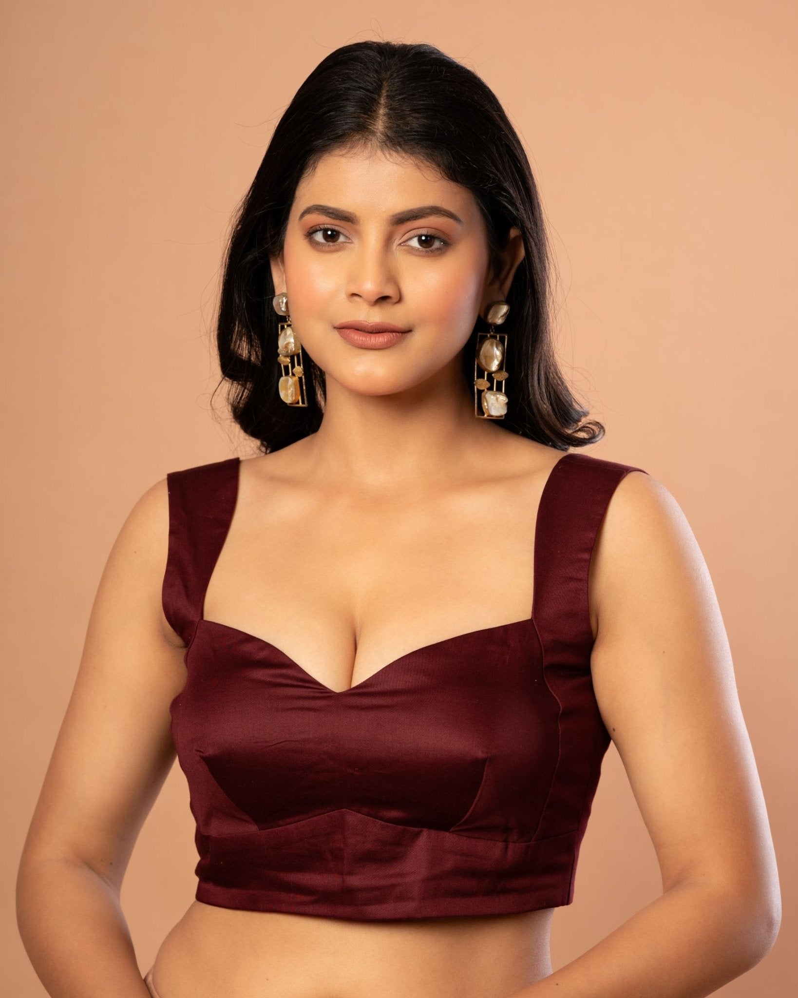 Maroon Designer Blouse in Cotton Silk with Queen Anne Neckline - Anvi Couture