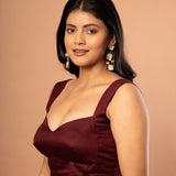 Maroon Designer Blouse in Cotton Silk with Queen Anne Neckline - Anvi Couture